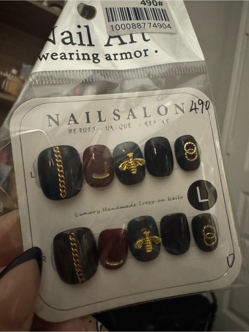 Luxury Handmade Press-On Nails - Black, Green, Burgundy with Gold Accents